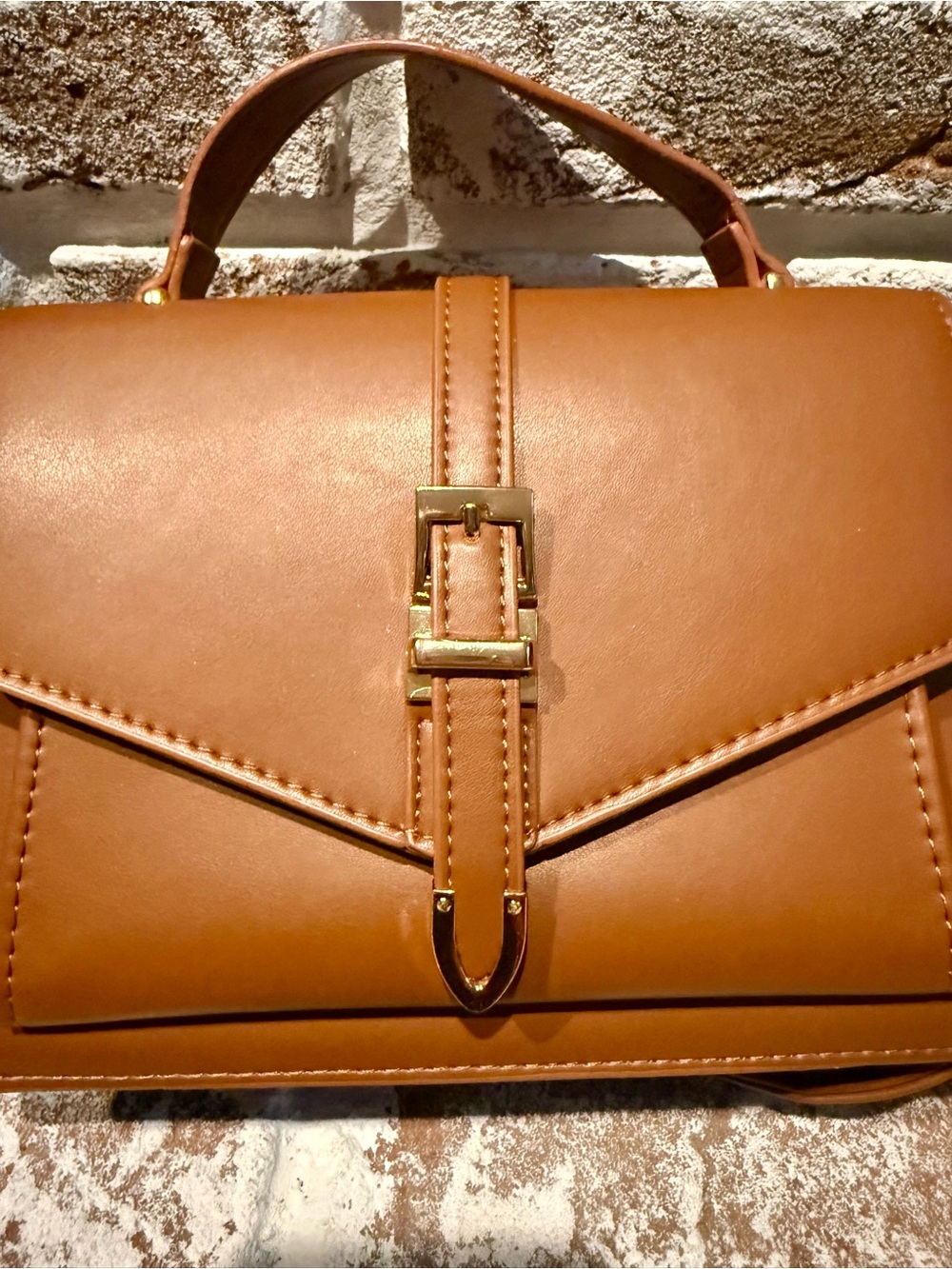 Classic Tan Leatherette Top-Handle Satchel with Crossbody Strap